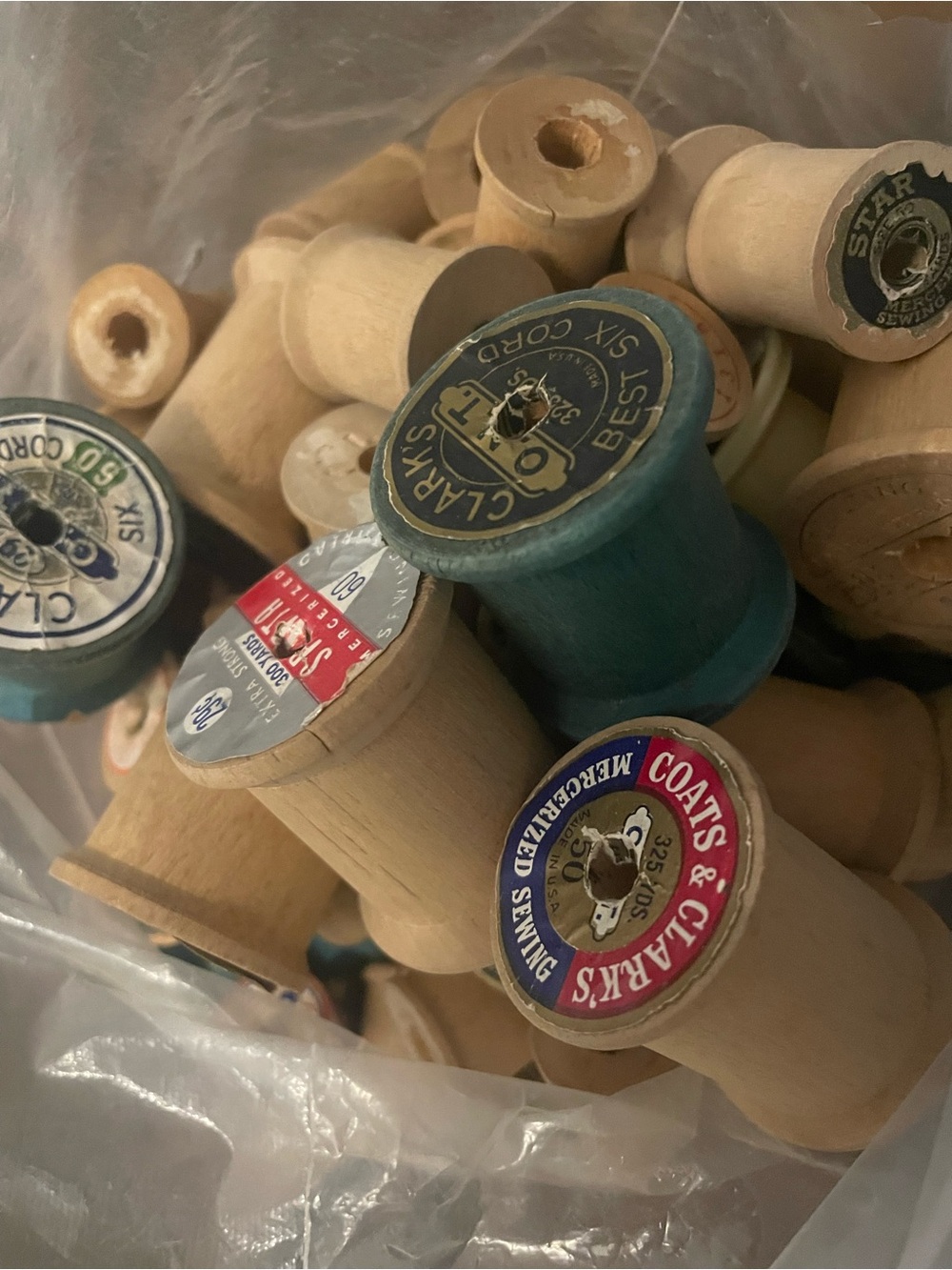 Vintage Wooden Thread Spools Lot Coats & Clark’s Star Sewing Advertising Labels